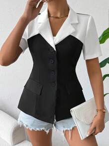 Calvaya Camisa de manga corta con colores contrastantes y diseño 2 en 1 para un aspecto casual y elegante, de moda y cautivadora