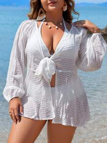 SHEIN Swim Curve 大码女式时尚纯色长袖和服开衫夏季 - 白色 - 查看 1