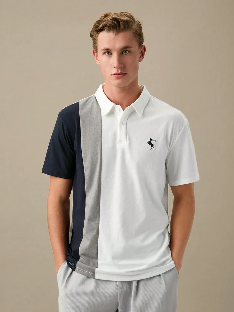 Men Cotton Deer Print Colorblock Polo Shirt,Back To School