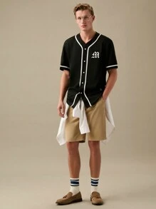 Manfinity VCAY Nam Thư Đồ Họa Tương Phản Băng Nút Lên Bóng Chày Áo Sơ Mi, Đi Chơi Vintage Áo Sơ Mi, Quà Tặng Bạn Trai, Trở Lại Trường Học - màu đen - Xem 4