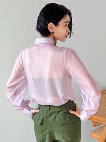 FRIFUL Women Fashionable Elegant Long Sleeve Sheer Turn-Down Collar Shirt - Purple - View 5