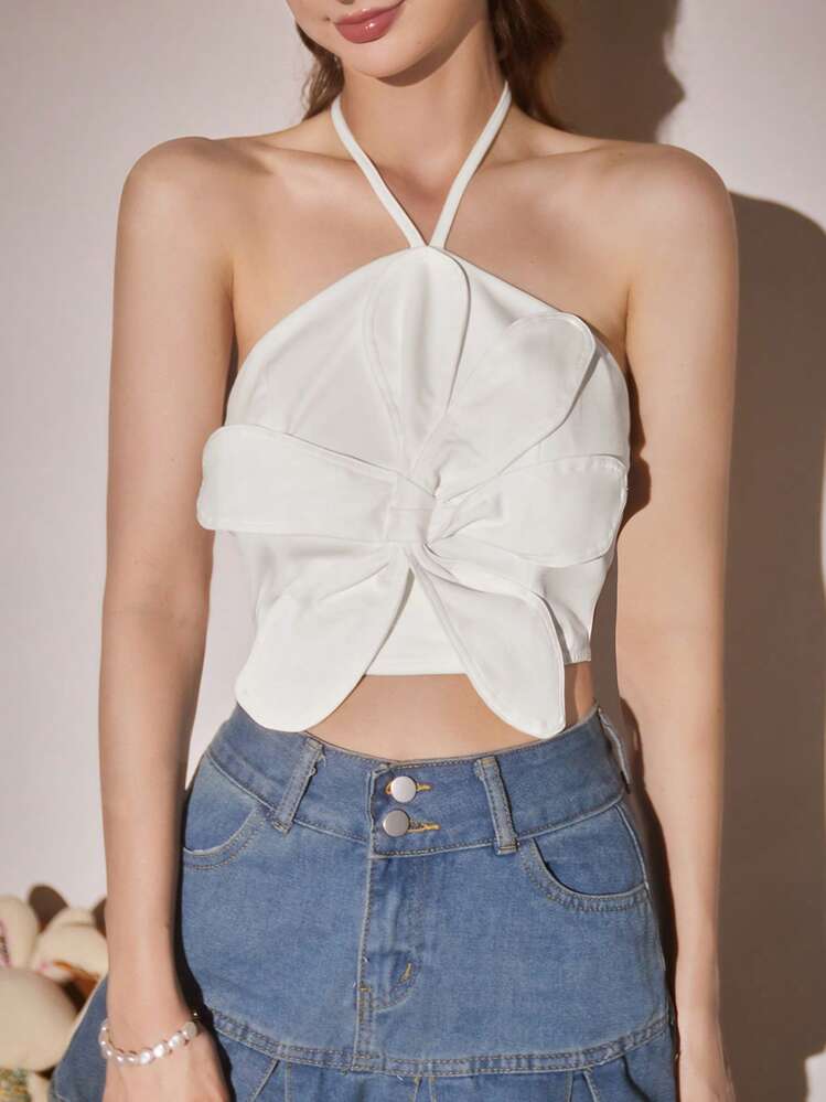 GENKIRA Women Summer 3D Flower Embellished Strapless Top With Thin