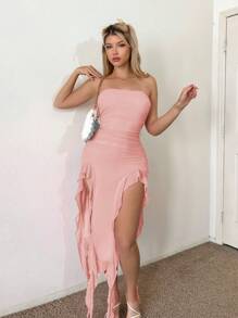 Sweetina Ruched Asymmetrical Hem Tube Pink Dress - Baby Pink - View 1