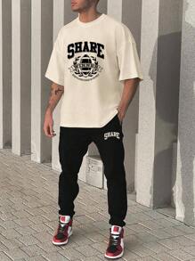 Manfinity LEGND Men's Letter Print Drop Shoulder Two Piece Set - Apricot - View 1