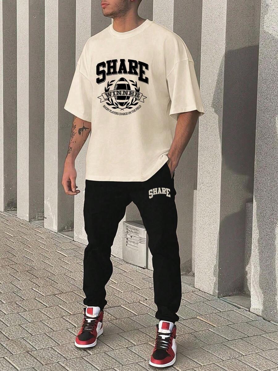 Manfinity LEGND Men's Letter Print Drop Shoulder Two Piece Set - Apricot - View 1