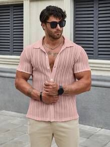 Men's Casual Solid Color Short Sleeve Shirt, Spring/Summer - Pink - View 5