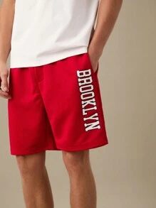 Manfinity VCAY Men Letter Graphic Tee & Drawstring Waist Shorts,Back To School - Red - View 4
