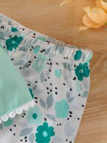 Completino per bambina con camicetta/top elegante verde menta con colletto in pizzo rifinito, leggings a fantasia floreale e pantaloni lunghi, carino per la primavera e l"estate - Menta Verde - Visualizzare 7