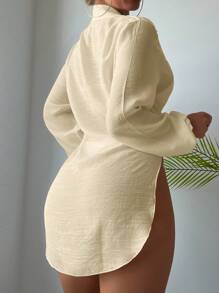 Selianne Summer Beach Solid Side Slit Front-Button Long Sleeve Kimono - Apricot - View 2