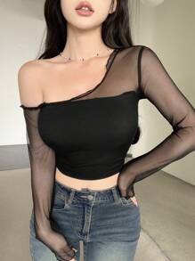 Dazy Designer Women Spring/Summer Casual Solid Color Mesh Splicing Short Top With Asymmetric Neckline And Slim Fit Going Out Tops Sheer Long Sleeve Women Tops