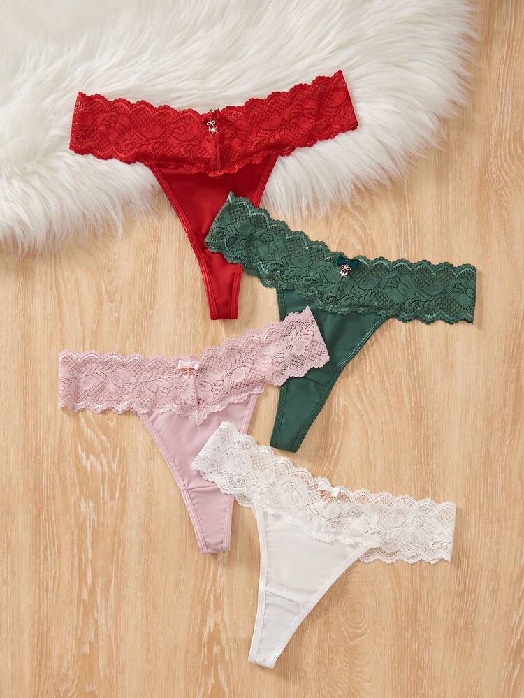 4pcs Solid Color Lace Spliced Thongs