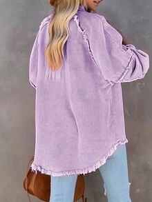 Frayed Hem Fashionable Loose Solid Color Denim Jacket Casual Spring - Purple - View 3