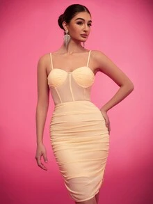 Eilly Bazar Ruched Bustier Chiffon Cami Short Dress - Yellow - View 6