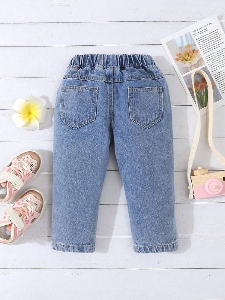 Infant Girls Soft Water Wash Distressed Denim Jeans With  Face Drawings