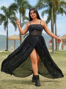 SHEIN EZwear 女士加大尺碼純色閃片背心裙 - 黑色 - 查看 4
