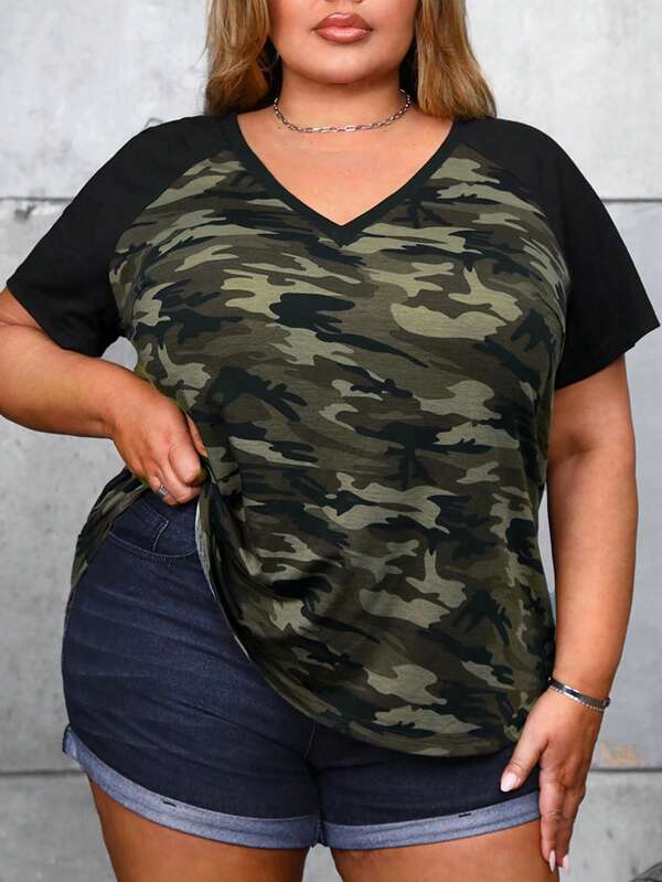 SHEIN CURVE+ Plus Size Camouflage Printed Patchwork Raglan Sleeve Summer T-Shirt