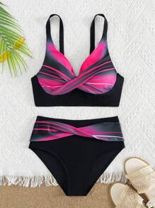 Swim Lushoire Summer Beach Women Swimming Pool Vacation Contrast Color Chest Crossing Simple Fashion Bikini Set - Multicolor - View 5