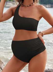 SHEIN Maternity Summer Beach Fashionable Solid One Shoulder Bikini Set - Black - View 4