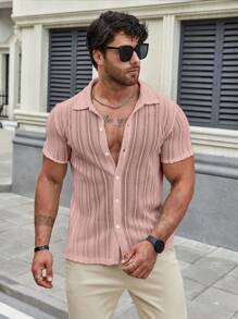 Men's Casual Solid Color Short Sleeve Shirt, Spring/Summer - Pink - View 6
