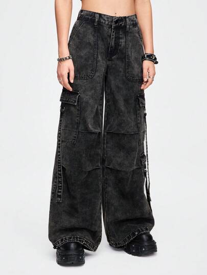 Grunge Punk Grunge Street Fashion Retro Hip-Hop Heavy Industry Distressing Snowflakes Washed Ultra-Low Waist Loose Wide-Leg Boy Friend Jeans With Adjustable Cuffs, School