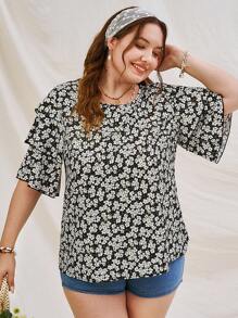Dreamara 大尺碼女性花卉印花短袖圓領襯衫 - 黑色 - 查看 2