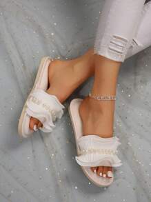 秋冬季时尚蕾丝布艺珍珠女士家居拖鞋，春秋季新款，毛绒拖鞋 - 米色 - 查看 6