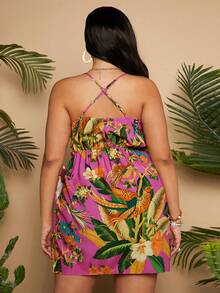 Travachic Plus Size Summer Holiday Plant & Bird In Wrap Tie Cami Dress - Nhiều màu - Xem 2