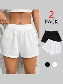 SHEIN PETITE 2 Packs Solid Elastic Waist Track Summer Outfits Shorts - Multicolor - View 1
