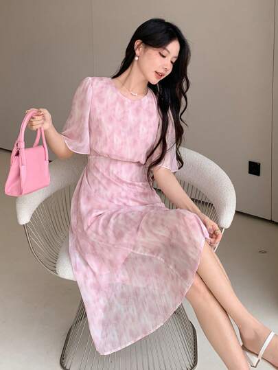 DAZY Women Fashionable Elegant Round Collar Chiffon Dress For Summer