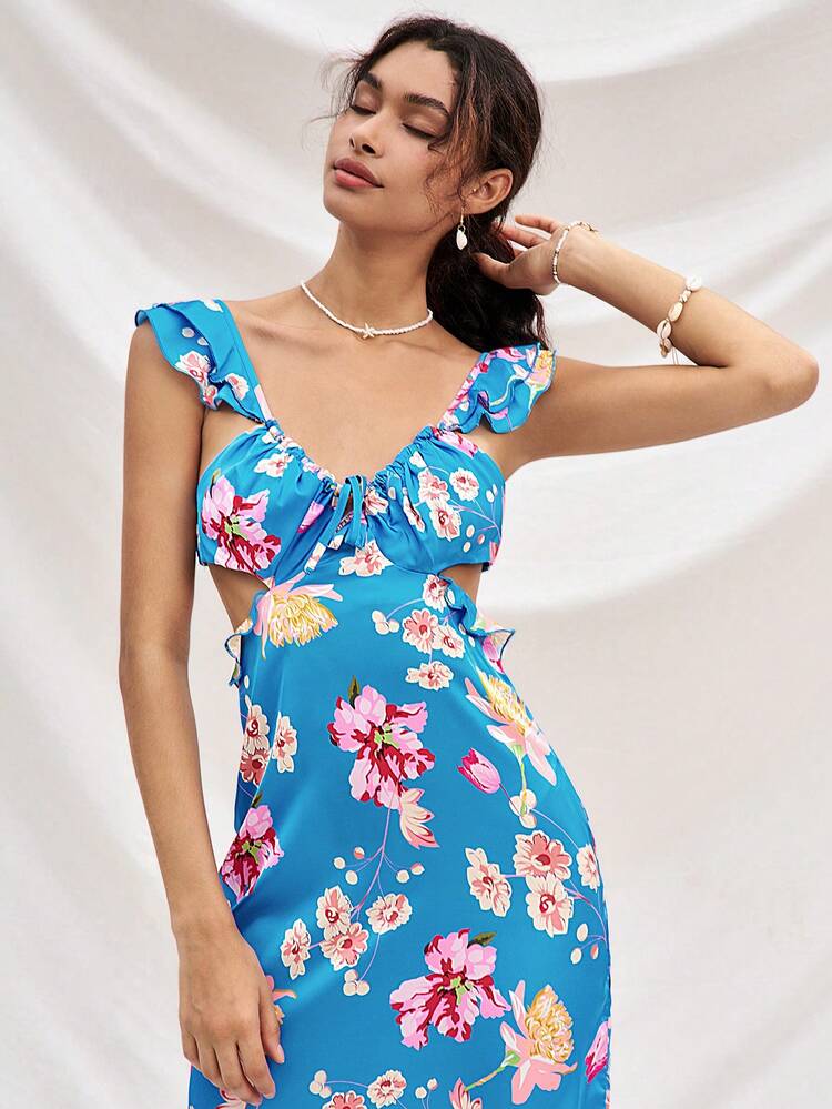 Women Leisure Vacation High Waist Hollow Out, Chest Wrinkles, Ear Edge Shoulder Strap, Blue Base Floral Satin Dress