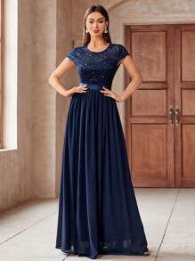 MIUSOL Elegant Women's Sequin Floral Lace Contrast Chiffon Maxi Dress With Pleated Hem,  Perfect For Easter, Mother Day, Evening Party, Wedding Guest, Anniversary Balls - Màu xanh hải quân - Xem 1