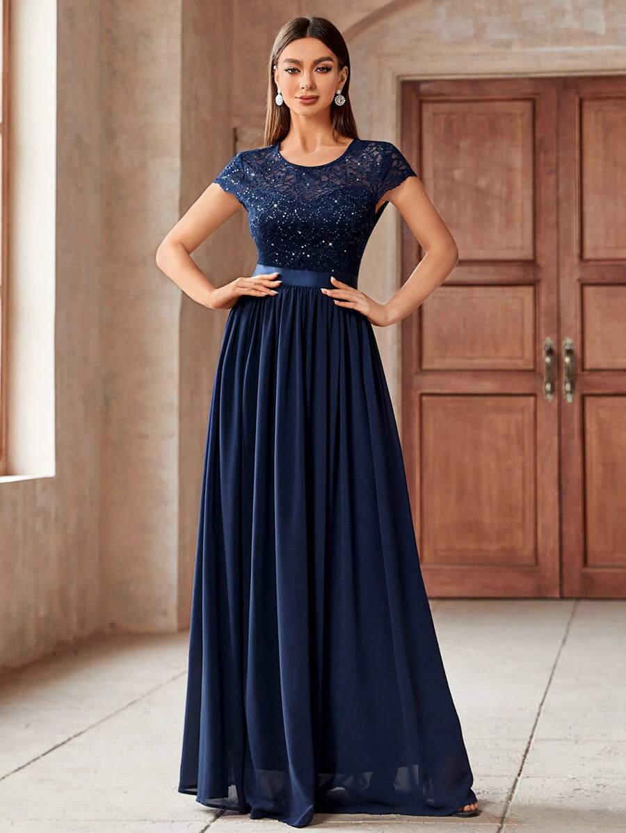 MIUSOL Elegant Women's Sequin Floral Lace Contrast Chiffon Maxi Dress With Pleated Hem, Perfect For Easter, Mother Day, Evening Party, Wedding Guest, Anniversary Balls - Màu xanh hải quân - Xem 1