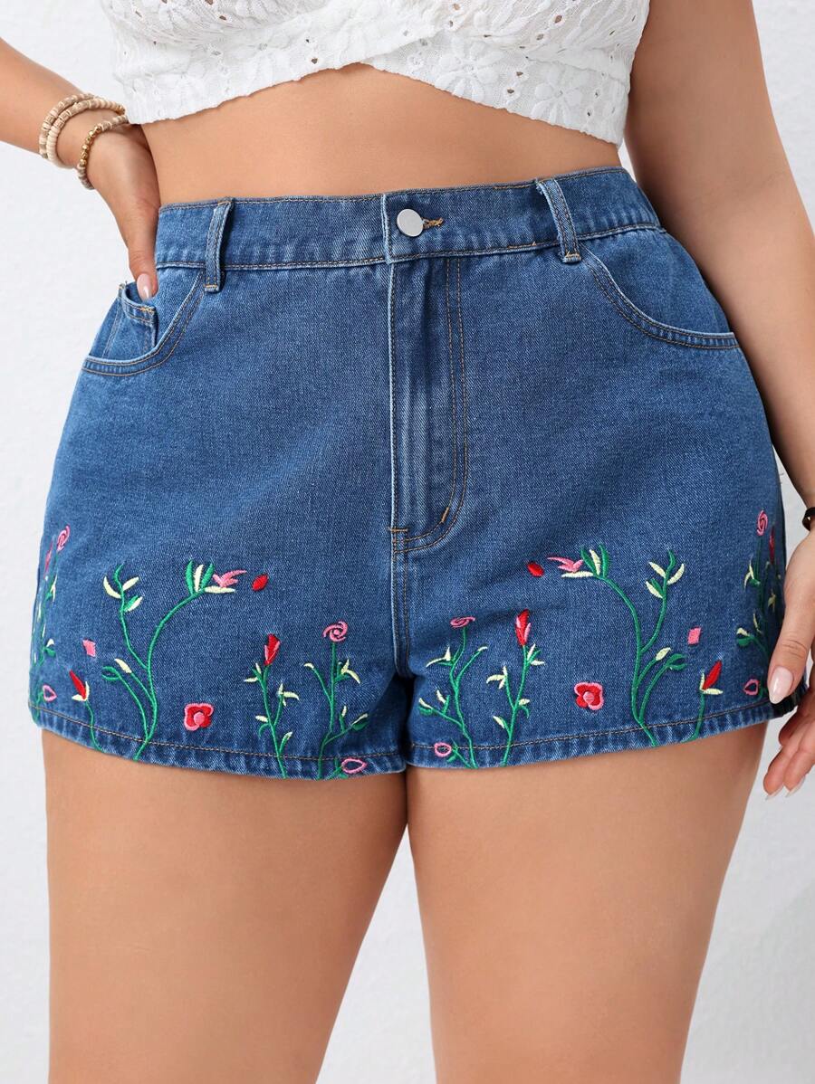 SHEIN Clasi Quần short denim thêu hoa cỡ lớn - Rửa trung bình - Xem 1