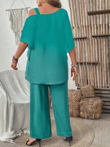 SHEIN Clasi Bộ hai mảnh áo và quần rộng rãi dành cho nữ cho mùa Xuân/Hè - Màu xanh ngọc - Xem 2