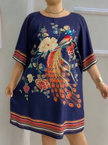 EMERY ROSE 大尺碼女士時尚寬鬆印花圓領短袖連衣裙 - 彩色 - 查看 3