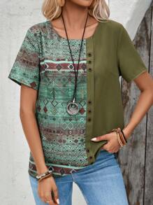 EMERY ROSE Women Vintage Printed Patchwork Casual Shirt For Summer Women Blouses - Army Green - View 1
