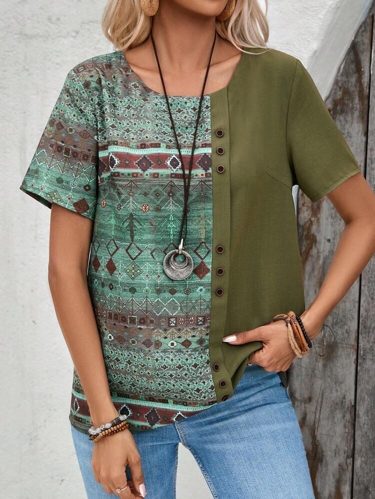 Women Vintage Printed Patchwork Casual Shirt For Summer Women Blouses