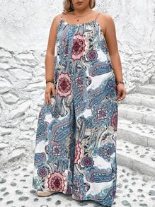 SHEIN CURVE+ Bộ áo liền quần ống rộng in họa tiết Paisley cỡ lớn có dây đai - Nhiều màu - Xem 7