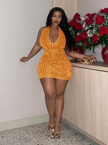 Slaydiva Cộng với đầm bodycon có cổ trễ lưng có họa tiết - trái cam - Xem 2