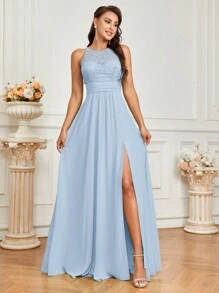 SHEIN Belle 成人蕾丝拼接A字型伴娘礼服优雅连衣裙 - 淺藍色 - 查看 6