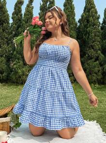 CovetEZ 大尺碼藍白相間格子向日葵搖擺背心裙 - 藍白色 - 查看 1
