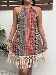 SHEIN VCAY Plus Size Halter Neck Tassel Hem Full-Printed Beach Vacation Summer Boho Dress,Beach Dress Sundress,Holiday Outfits