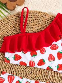 SHEIN 年轻女孩草莓印花不对称肩部荷叶边比基尼套装夏季海滩 - 紅色 - 查看 3