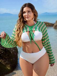 SHEIN Swim Curve Áo crop top tay cánh dơi phối màu cỡ lớn cho nữ có dây buộc phía trước khi đi nghỉ ở bãi biển mùa hè - Nhiều màu - Xem 4