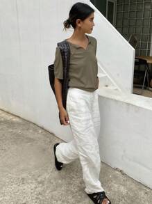 Livesso 纯色短袖 Polo 领宽松女士针织衫夏季