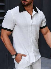 Manfinity Homme Men Color Block Trimmed Casual Daily Matching Short Sleeve Collar Shirt, For Going Out - White - View 5