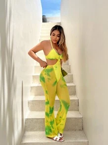 SHEIN SXY Tie-Dye Print Patchwork Perspective Flared Legs Halter Neck Jumpsuit With Waistband