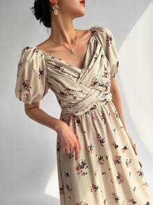 Firerie Women Elegant Holiday Long Dress With Crossed Bubble Sleeves For The Chest - Khaki - View 4