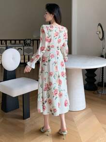 DAZY Vestido largo de línea A con cuello de corazón, manga larga y estampado floral para vacaciones de primavera/otoño para mujeres - Rosa Oxidada - Ver 5
