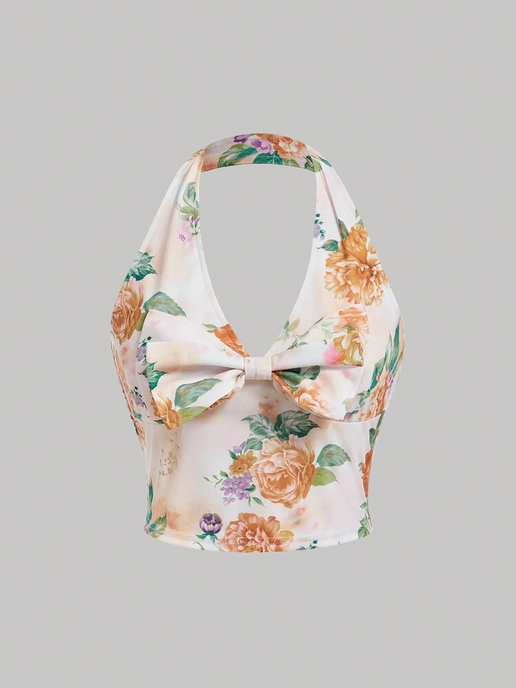 Vintage Floral Colorful Strap Bowknot Women Tank Top For Summer